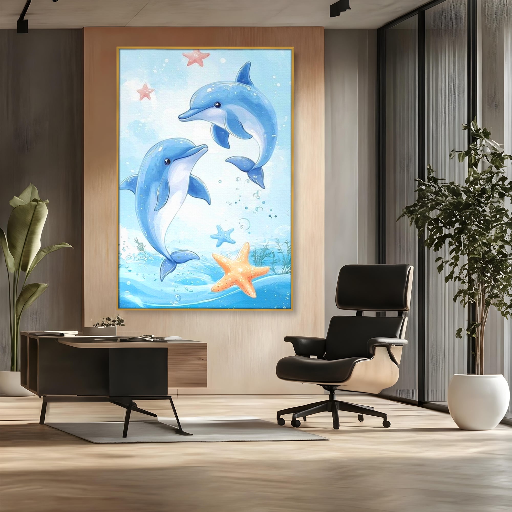 Tablou canvas cu ilustratie cu doi delfini jucausi, in rama de aluminiu auriu, pe perete intr-un birou